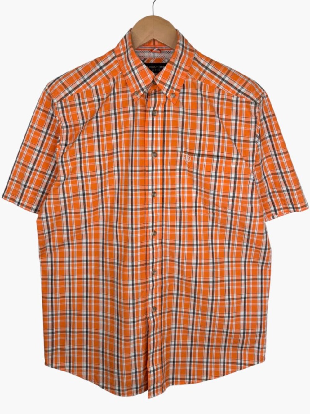 ARIAT PRO SERIES Short Sleeve Western Button Down Plaid Shirt - Orange - Size S